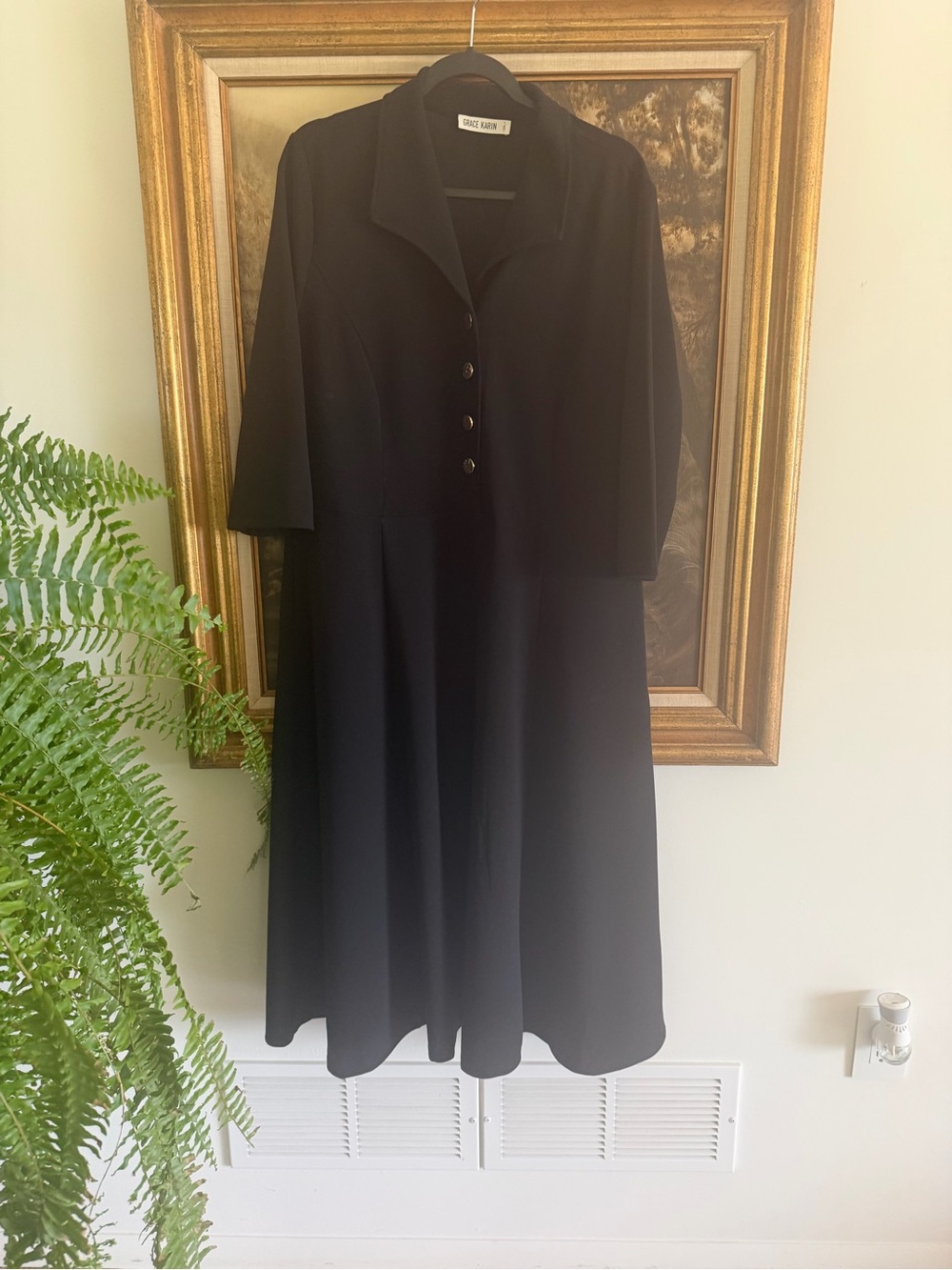 Grace Karin Black Long-Sleeve Button-Front A-Line Dress